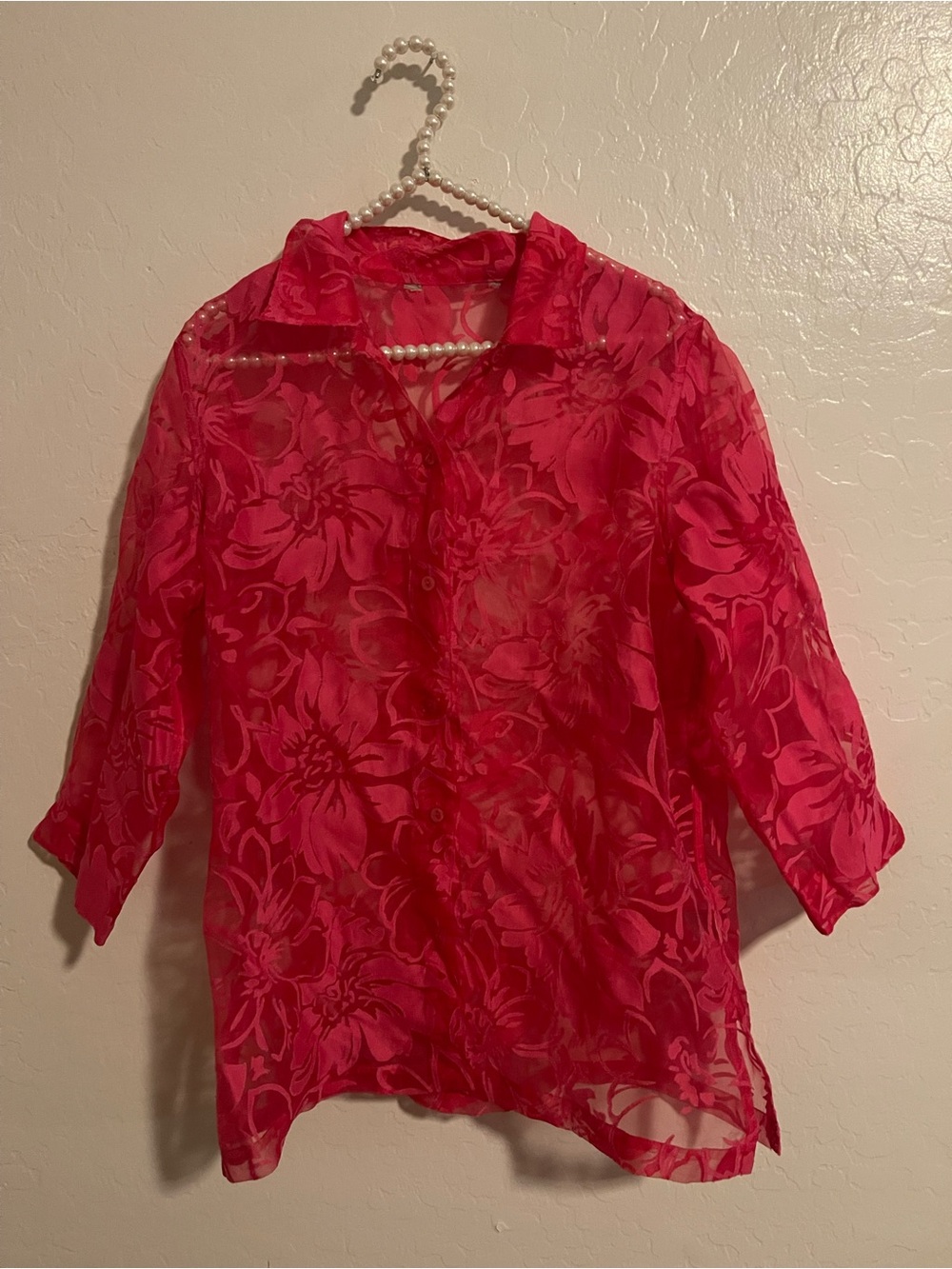 Semi-Sheer Floral Button-Front Blouse in Bright Pink